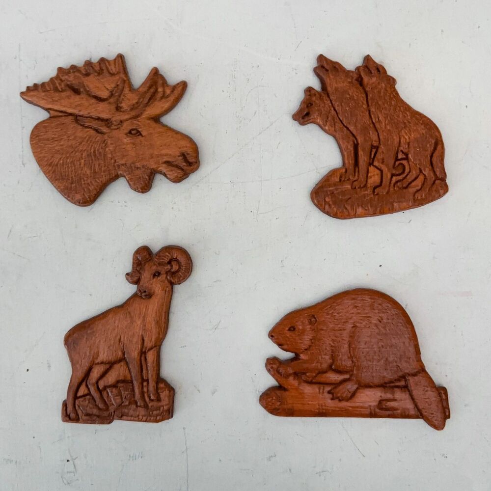 Carved Wooden Fridge Magnets Set of 4 Made in Canada Cabincore Mountain Animals